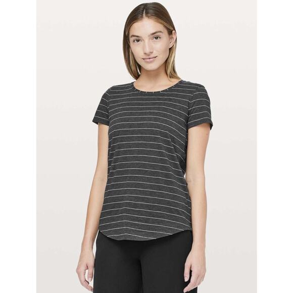 Lululemon Love Crew III Short Serve Stripe Shirt Heathered Black White Size 6 - Picture 1 of 10